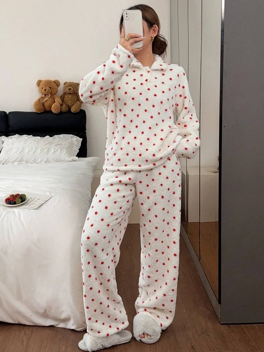 Napfluff Cute Polka Dot Women's Fuzzy Pajama Set, Autumn/Winter Loungewear - White - View 1