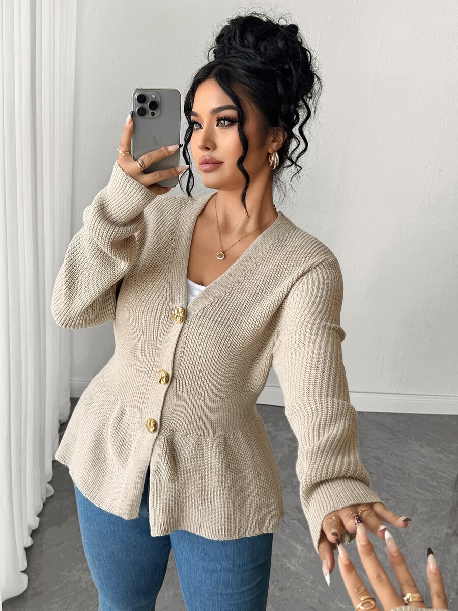 Elenzga Plus Size Women's Long Sleeve Metal Single-Breasted Minimalist Premium Knit Cardigan - Beige - View 1