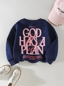 SHEIN 女童秋季字母背印時尚寬鬆極簡圓領抓絨內裡海軍藍運動衫 - 藏蓝色 - 查看 2