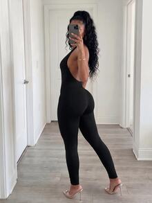 BamGleam Seamless Knit Halter Neck Backless Jumpsuit - Black - View 2
