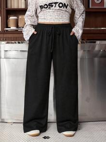Muchica Women's Plus Size Summer Silk Ultra-Thin Functional Knit Ribbed Fabric Skin-Friendly Smooth Non-Linting Solid Color Daily Sports Basic Casual With Pockets Front Drawstring Elastic Waist High Waist Slimming Straight Leg Loose Fit Long Pants - Black - View 4