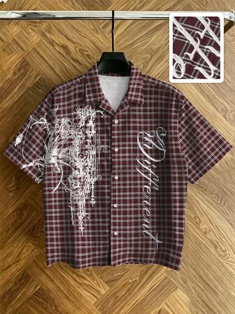 Street Life Camisa de manga corta con botones simples y bordado de cuadros para hombre