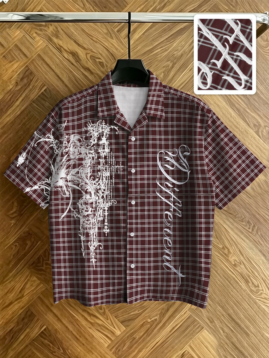 ROMWE MEN Street Life Men's Fashion Embroidered Plaid Single-Breasted Short Sleeve Shirt - Multicolor - View 1