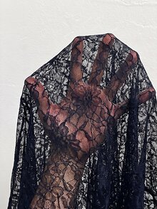 SHEIN LUNE 大尺碼女款對比蕾絲短袖開襟優雅外套 - 藏蓝色 - 查看 7