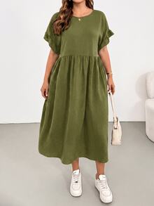 Shapeblank Plus Size Simple Versatile Pleated Pocket Dress - Olive Green - View 4