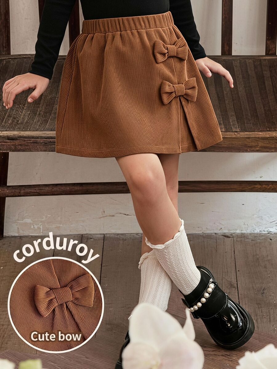SHEIN Baby Girl Woven Cute Bow Corduroy Bottoms, Suitable For Autumn/Winter, Suitable For Back To School - Khaki - View 1