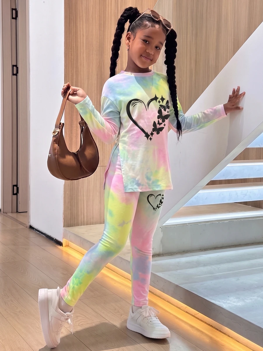 青少年女孩寬鬆長袖上衣與側開衩緊身褲 2 件套,卡通圖案 - 彩色 - 查看 1