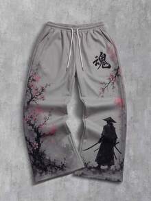 ROMWE MEN Street Life Men's Fashion Martial Arts Character Print Drawstring Waist Sweatpants - Multicolor - View 1