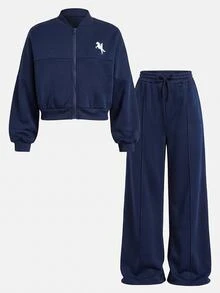 SHEIN 兒童青少年女孩秋季兩件套長袖連帽衫＋寬腿運動長褲休閒套裝，適合日常穿著、街頭穿搭，休閒舒適 - 彩色 - 查看 3