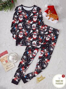 1 Set Boys' Christmas Santa Print Long Sleeve Long Pants Contrast Color Cuffs Hem Collar Snug Fit Loungewear Set (1 Set Sold Separately) - Multicolor - View 3