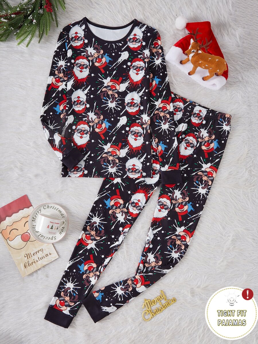 1 Set Boys' Christmas Santa Print Long Sleeve Long Pants Contrast Color Cuffs Hem Collar Snug Fit Loungewear Set (1 Set Sold Separately) - Multicolor - View 1