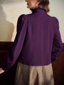 Vintamour Women's Solid Color Ruffle Tie Neck Long Sleeve Elegant Blouse - Purple - View 7