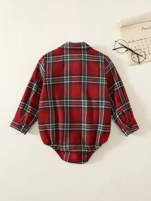 SHEIN Baby Boy Red Plaid Turn-Down Collar Long Sleeve Romper, Versatile And Comfortable For Autumn, Winter And Christmas - Red - View 2
