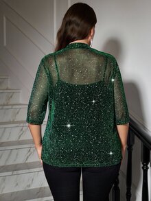 SHEIN Clasi 大尺碼奢華亮片透視夾克，適合辦公與通勤 - 墨綠色 - 查看 2