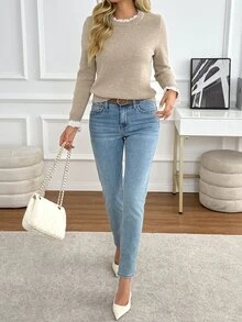 SHEIN PariChic Sweater Kasual Lengan Panjang Leher Bulat dengan Hiasan Rumbai untuk Wanita - Aprikot - View 6