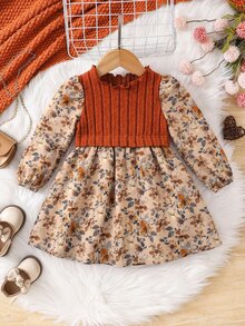 SHEIN 女嬰花卉圖案荷葉領長袖洋裝 - 摩卡棕 - 查看 3