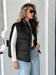 Aveloria Modichic Women Stand Collar Drawstring Quilted Vest Zip Up Sleeveless Side Pockets Simple Versatile Padded Waistcoat - Black - View 6