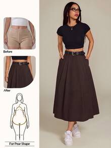 Vivamere Women's Solid Color High Waist Pocket Casual Commute Skirt - Brown - View 7