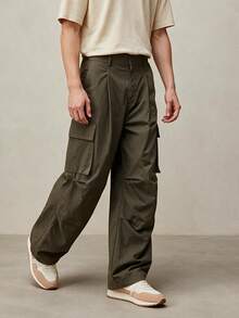 TONEVAULT Men's Solid Color Cargo Pocket Straight Leg Loose Casual Long Pants - Army Green - View 1