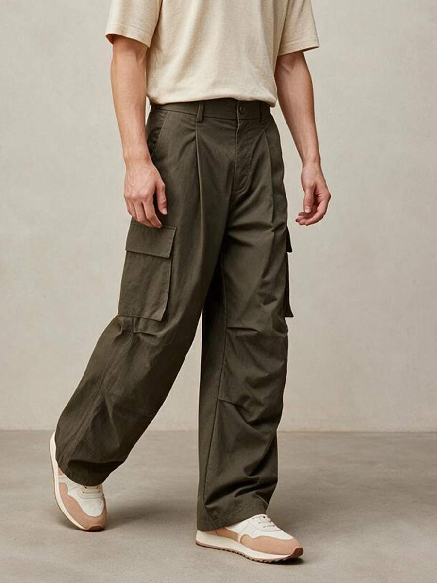 TONEVAULT Men's Solid Color Cargo Pocket Straight Leg Loose Casual Long Pants - Army Green - View 1