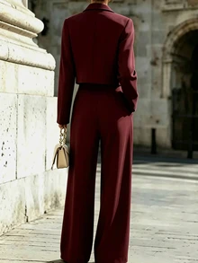 SHEIN Setelan Blazer dan Jumpsuit Kaki Lebar Wanita Elegan Bergaya Vintage Baru untuk Komuter, 2 Potong - Burgundy - View 2