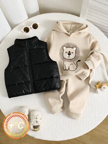 SHEIN 男女嬰兒/男嬰 3件組秋冬保暖內裡加厚休閒可愛獅子圖案運動衫套裝與棉墊背心外套套裝，多件套裝，男嬰服裝套裝，男嬰秋冬服裝，柔軟，復古，加厚外套 - 彩色 - 查看 4