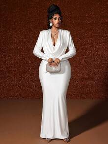 Maweii Plus Size Women Solid Color Deep Neck Ruched Fitted Elegant Dress - White - View 3