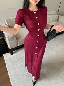 Modelyn Women's Solid Color Round Neck Short Sleeve Button Design Elegant Knit Dress - Burgundy - View 4