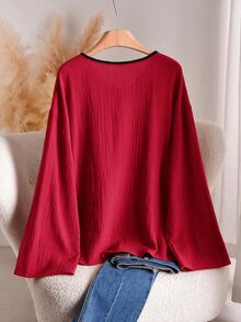 CosyJoli Plus Size Women's Colorblock Casual Versatile Daily Wear Shirt - Red - View 2