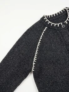 Grovea Autumn/Winter Plus Size Dark Gray Contrast White Stitch Trim Round Neck Front Button Raglan Knit Cardigan - Dark Grey - View 4