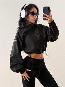 Coolane Women Waterproof Cropped Sports Jacket, Zip Up Windbreaker, Lightweight Running Coat, Drawstring Hem Activewear Outwear - Black - View 3