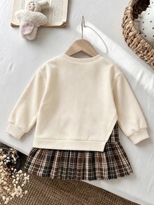 4-7 Years Old Girls Cute Bear Pattern & 3D Bow Decor Round Neck Sweatshirt Dress, Plaid Digital Print Hem, Sweet Style, Preppy Style, Suitable For Autumn/Winter Wear - Multicolor - View 2