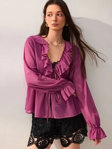 Willow Rêve Women's Pink Ruffle Collar Chiffon Petal Sleeve Blouse - Purple - View 3