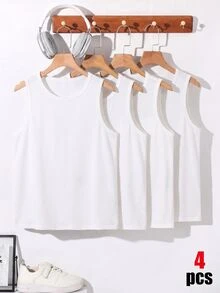 SHEIN 青少年男孩休閒簡約舒適背心，4件組，多色，適合春/夏，通勤、學校、日常休閒、旅行、運動、度假 - 彩色 - 查看 6