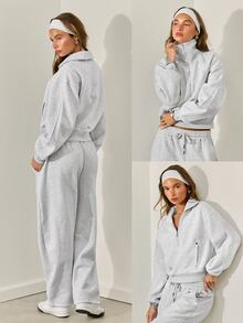 GLOWMODE Cozy Street Collection Everyday Fleece Cozy Nights Relaxed-Fit Collared Half-Zip Sweatshirt With Rivet-Detail Pockets Daily Casual Fall Winter Wear - Grey - View 9