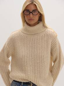 MUSEYN Sweater Rajut Tebal Warna Krem dengan Leher Tinggi, Nyaman, Serbaguna, Kasual untuk Sehari-hari di Musim Gugur - Krim - View 5