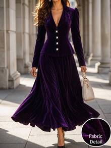 Editum Women's Solid Color Single-Breasted Jacket And Skirt Elegant Suit Set - Purple - View 1