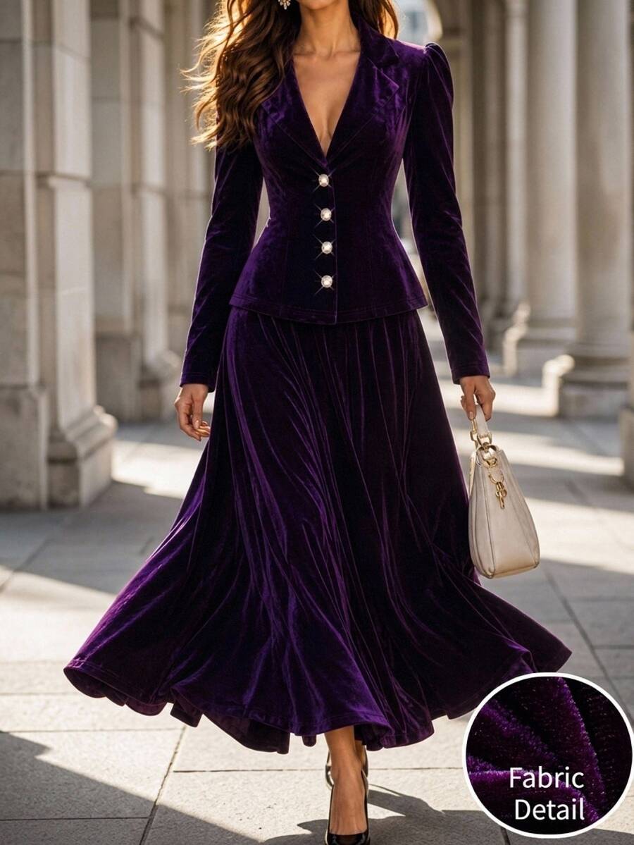 Editum Women's Solid Color Single-Breasted Jacket And Skirt Elegant Suit Set - Purple - View 1