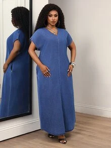 Slaydiva Plus Size Women's V-Neck Batwing Short Sleeve Casual Loose Denim Dress - Blue - View 7