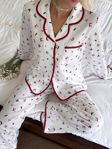 Napfluff Contrast Trim Lapel Ditsy Floral Long Sleeve Long Pants Women's Pajama Set - Apricot - View 6