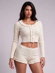 Nooralise Autumn/Winter French Style Frill Trim Sexy Slim Fit Knit Long Sleeve Shorts Set - Apricot - View 7