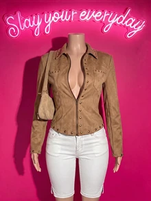 Slaydiva Women's Long Sleeve Zipper Front Rivet Casual Jacket - Khaki - View 7