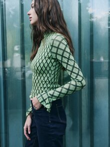 Nöista 女款街頭時尚鑽石圖案提花百褶收腰上衣 - 綠色 - 查看 1