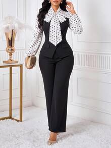 SHEIN Lady Women's Elegant 2 Pieces Set With Patchwork Polka Dot Pattern Tie Neck Blouse And Flare Pants - Black and White - View 3