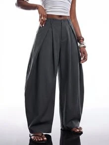 SHEIN EZwear 秋冬復古休閒街頭風軍綠色弧形下擺大尺碼寬鬆長褲 - 深灰色 - 查看 4