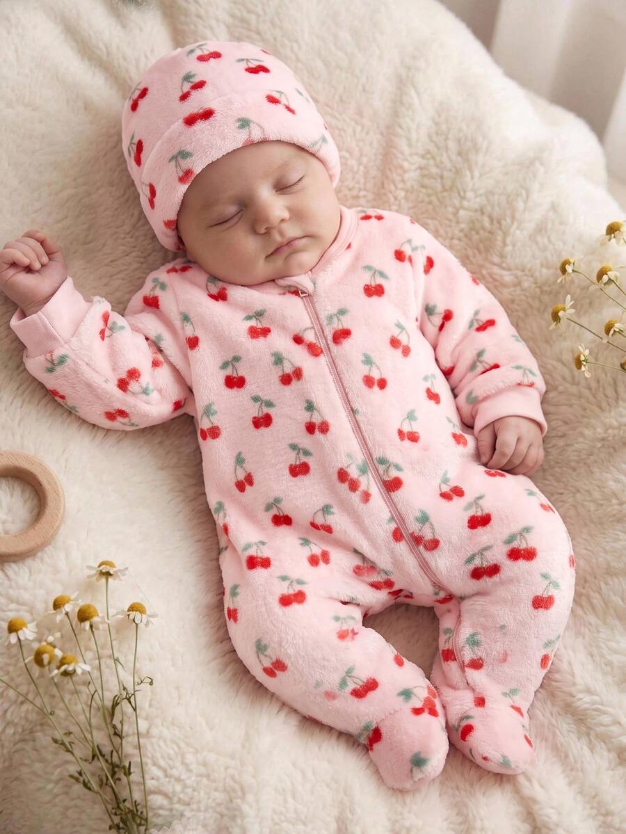 SHEIN Baju Terusan Bayi Perempuan Baru Lahir Motif Bunga Warna-warni Leher Bulat Lengan Panjang Berlapisan Termal Tebal untuk Musim Gugur dan Musim Dingin - Berwarna merah muda - View 1