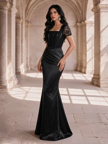 Coutiva Women's Lace Square Neck Short Sleeve Mermaid Hem Elegant Romantic Formal Prom Night Formal Event Evening Gown (Intricate Design) Black Fall - Black - View 8