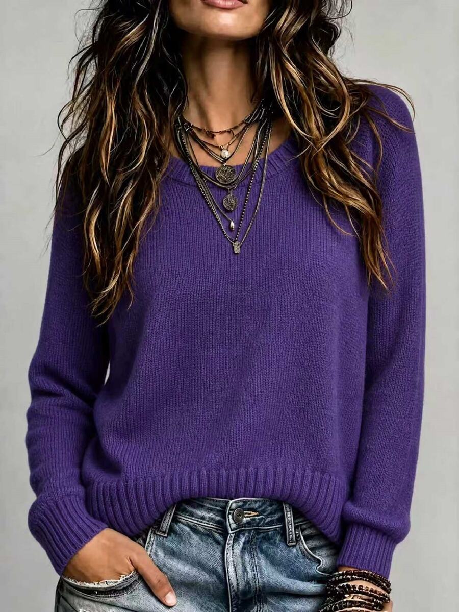 Flexra Women's Solid Color Round Neck Long Sleeve Casual Versatile Sweater - Bold Plum - View 1