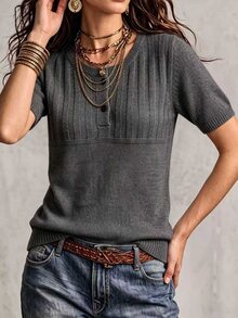 SHEIN Casual Loose Round Neck Short Sleeve Half-Placket Button Design Grey Women's Autumn Sweater,Women Fall Winter Sweater,Christmas,New Year,Social - Dark Grey - View 3