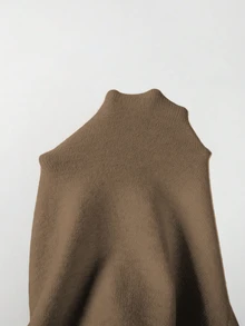 SHEIN 初秋女款小高領交叉裹身修身腰長袖針織套頭毛衣，灰褐色休閒優雅風，適合早午餐與辦公室穿著 - 巧克力棕 - 查看 3